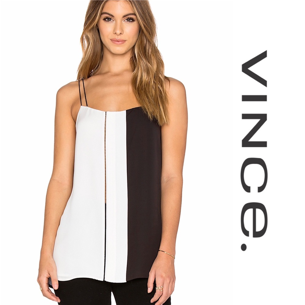 VINCE Black & White Color Block 100% Silk Camisole